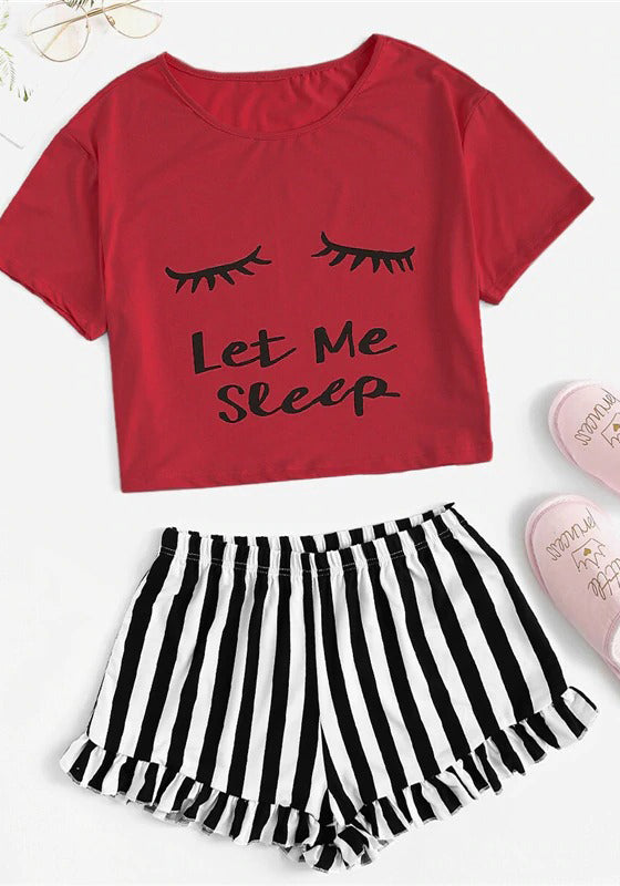 Graphic Tee Frilled Striped Shorts PJ Set