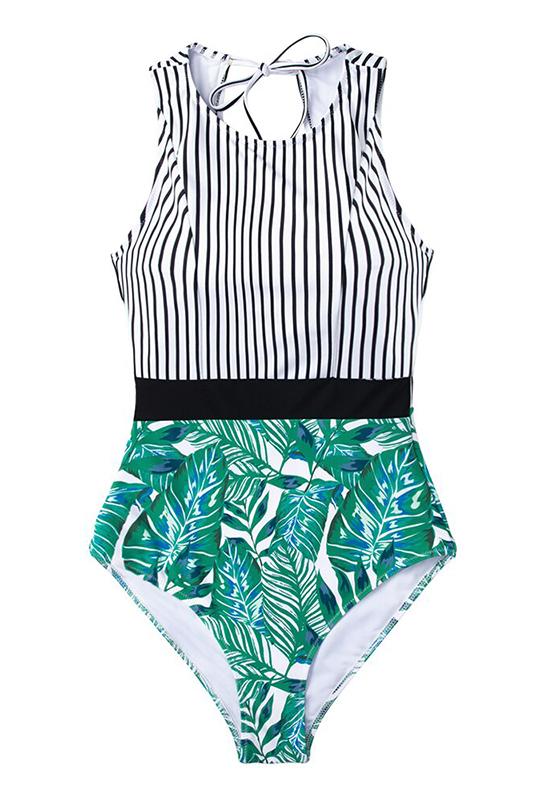 Black Striped And Green Leaf One-piece