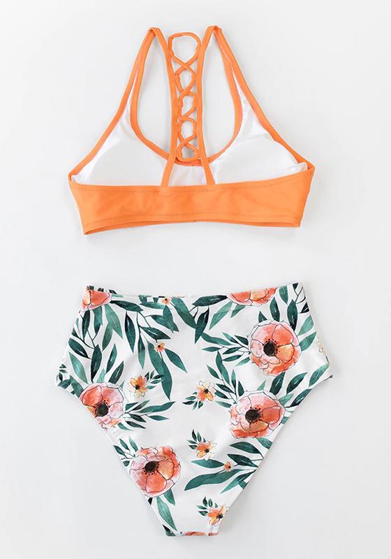 Navy And White Floral High-Waist Bikini Set