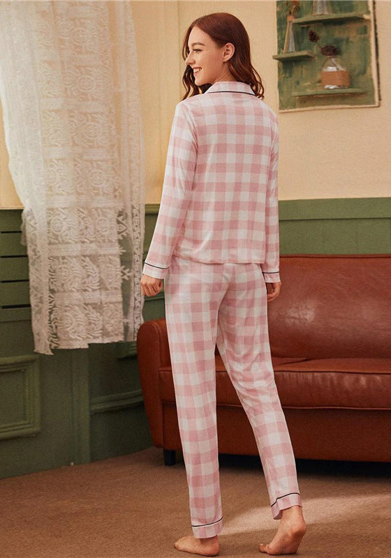 Pink Notched Collar Plaid Print Nightwear