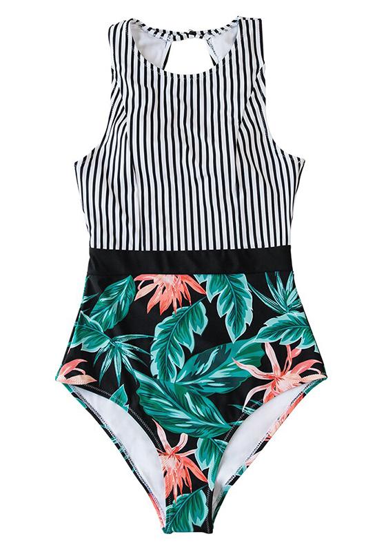 Black Striped And Green Leaf One-piece