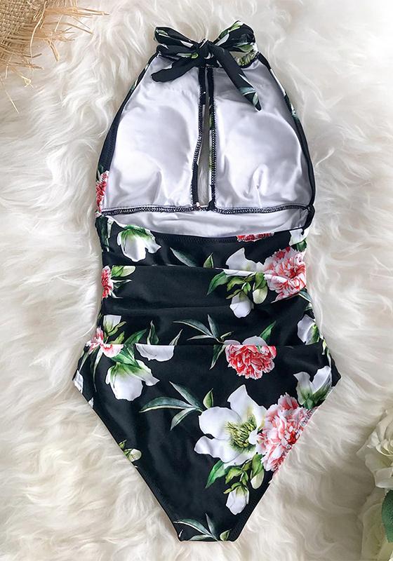 Black Floral Halter One-Piece