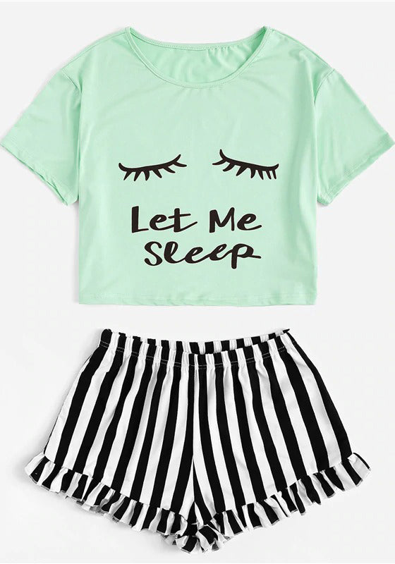 Graphic Tee Frilled Striped Shorts PJ Set