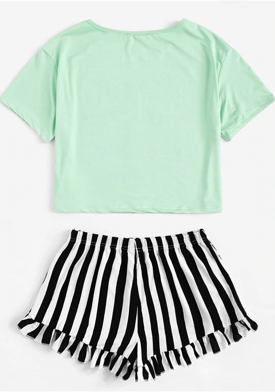 Graphic Tee Frilled Striped Shorts PJ Set