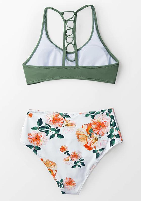 Navy And White Floral High-Waist Bikini Set