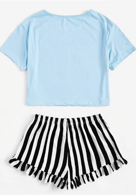 Graphic Tee Frilled Striped Shorts PJ Set