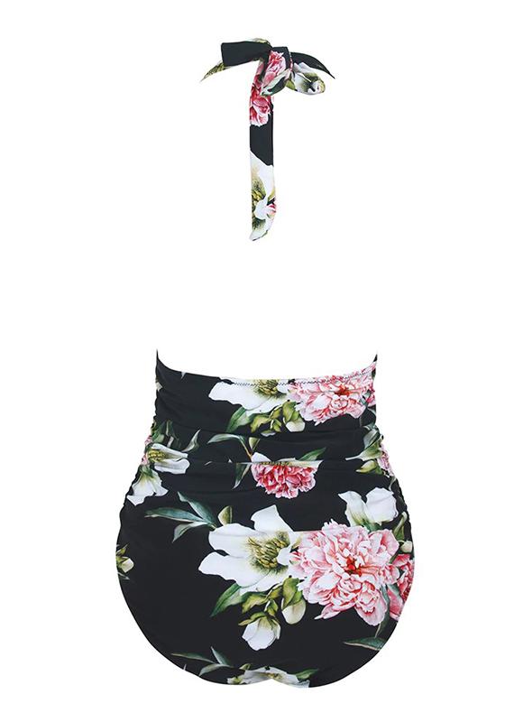 Black Floral Halter One-Piece