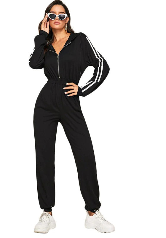 Black Striped Side Zip Front Drawstring Hooded Jumpsuit