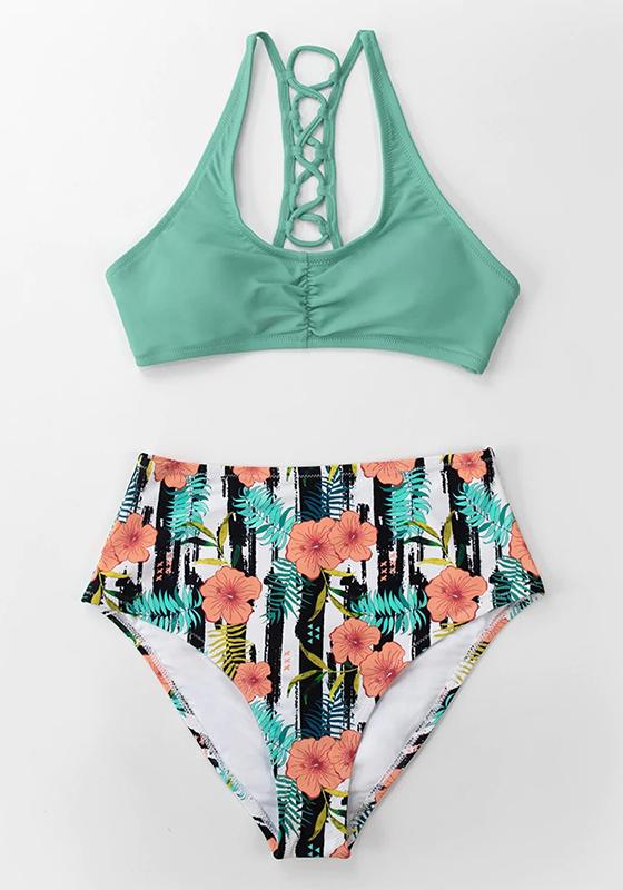 Navy And White Floral High-Waist Bikini Set