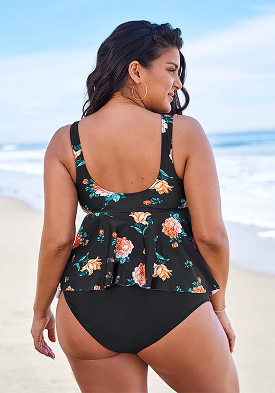 Black Floral Peplum Tankini