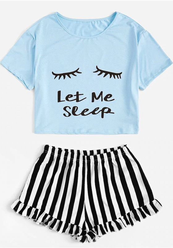 Graphic Tee Frilled Striped Shorts PJ Set