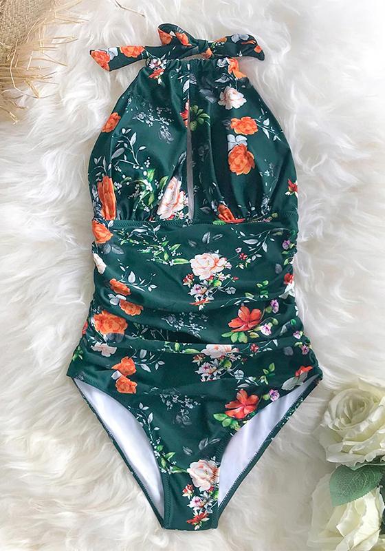 Black Floral Halter One-Piece