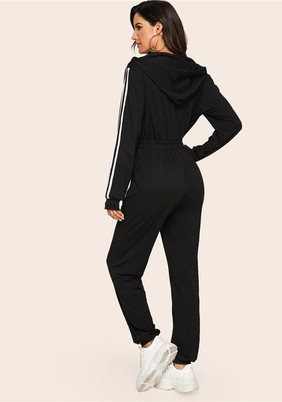 Black Striped Side Zip Front Drawstring Hooded Jumpsuit