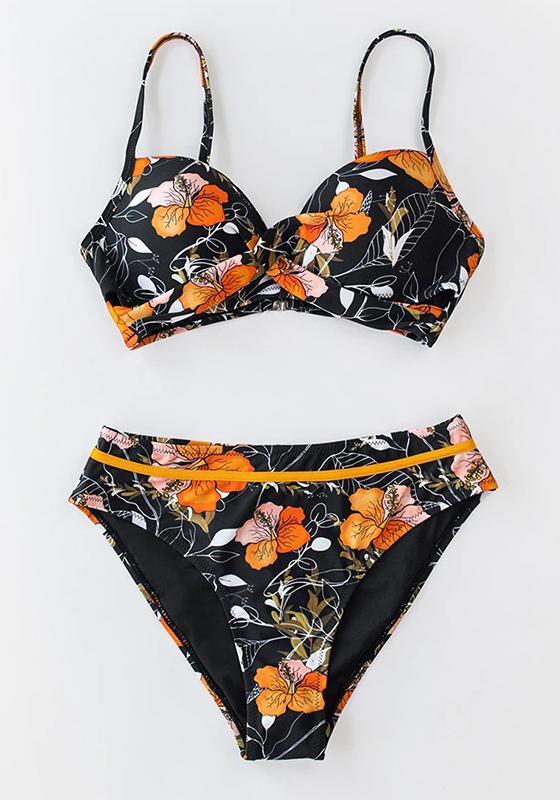 Black Floral Push Up Mid-Waist Bikini Set