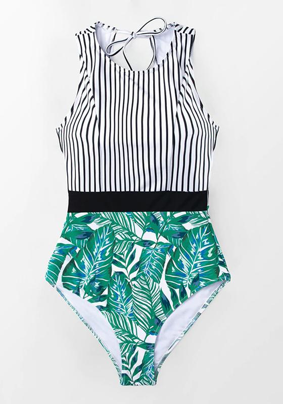 Black Striped And Green Leaf One-piece