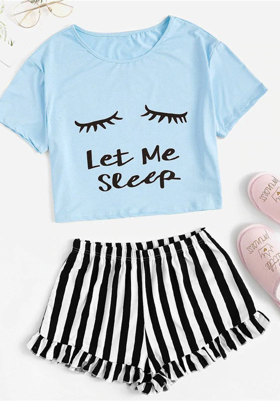 Graphic Tee Frilled Striped Shorts PJ Set