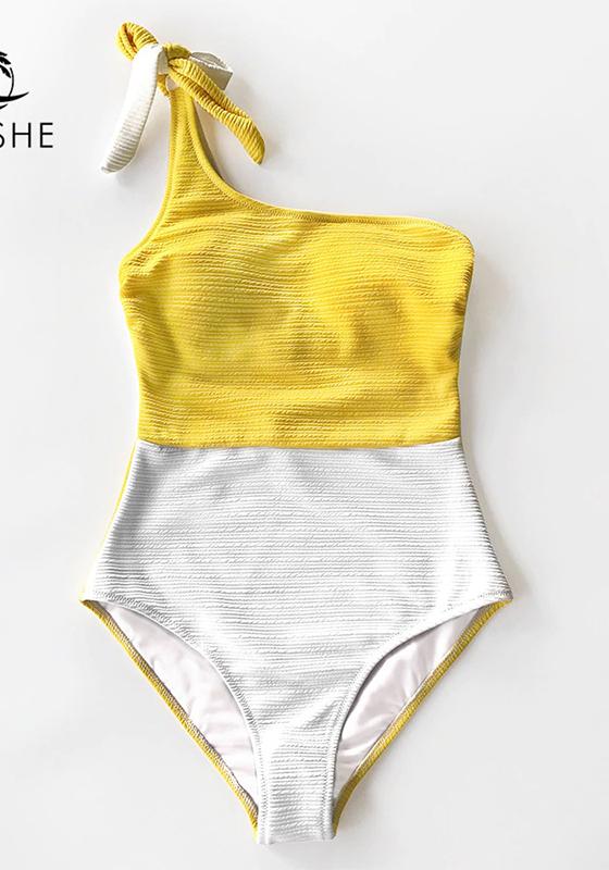 Green And White Colorblock One Shoulder One-Piece