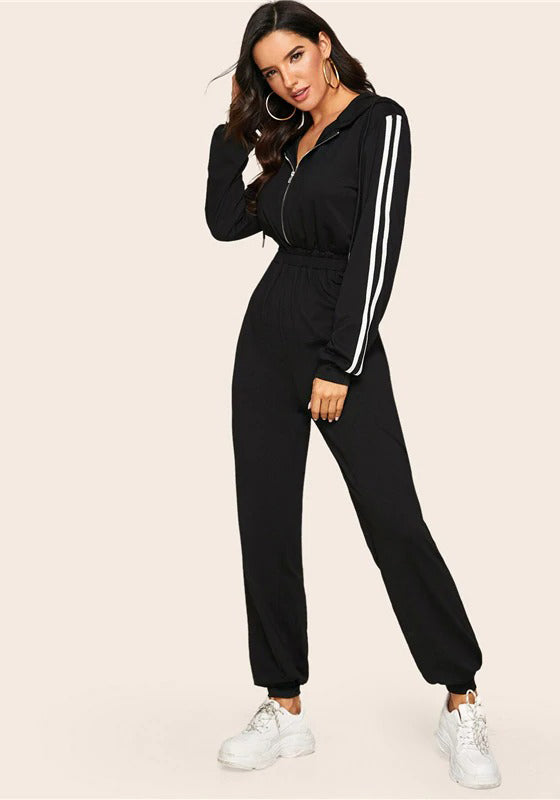 Black Striped Side Zip Front Drawstring Hooded Jumpsuit