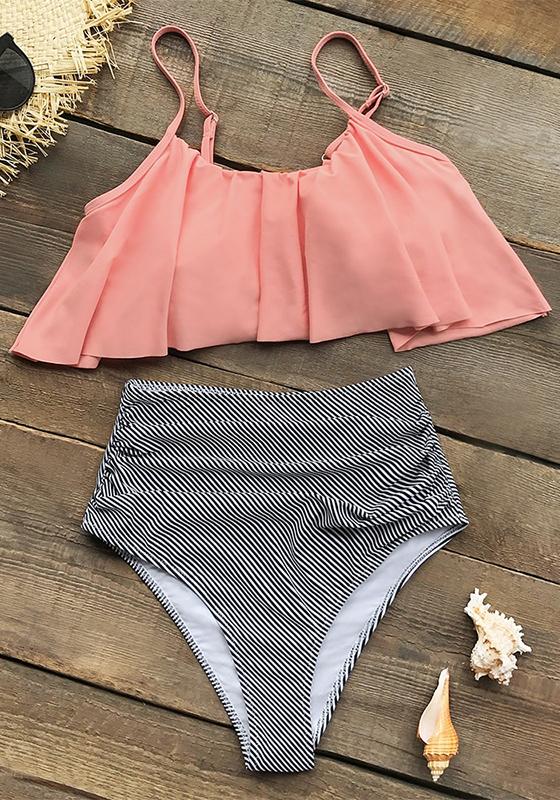 Green and Stripe High Waisted Bikini Set