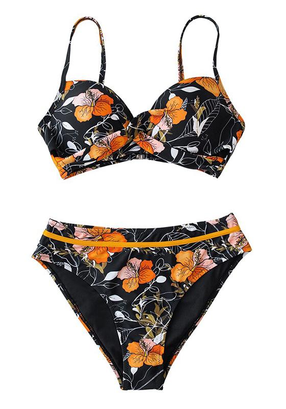 Black Floral Push Up Mid-Waist Bikini Set