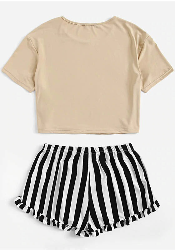 Graphic Tee Frilled Striped Shorts PJ Set