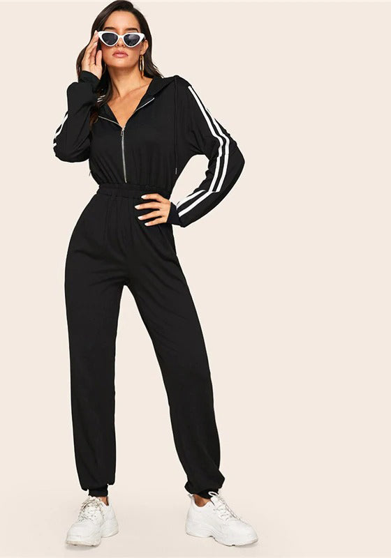 Black Striped Side Zip Front Drawstring Hooded Jumpsuit