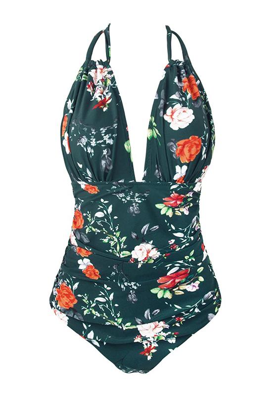 Black Floral Halter One-Piece