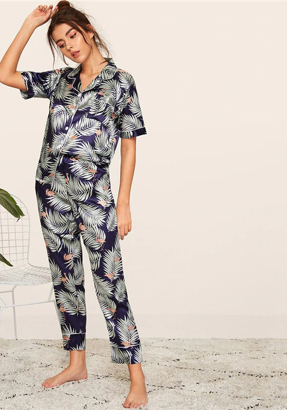 Print Satin Short Sleeve Sleepwear Set