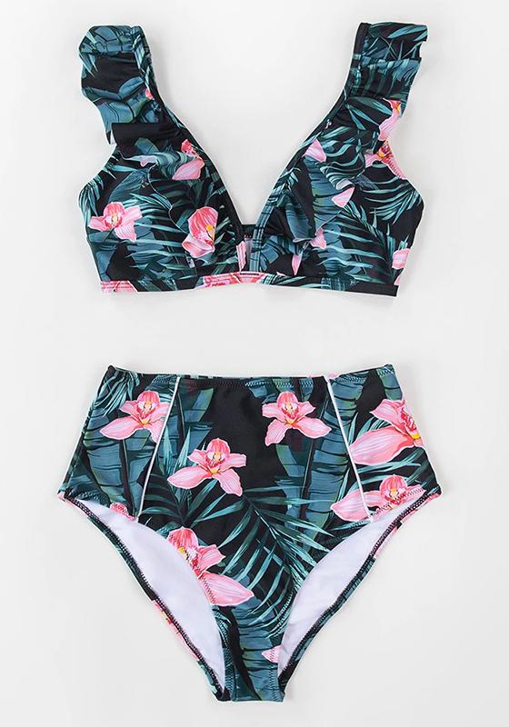 Green Floral Ruffled High-waist Bikini Set