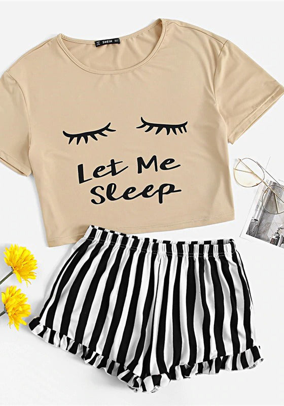 Graphic Tee Frilled Striped Shorts PJ Set