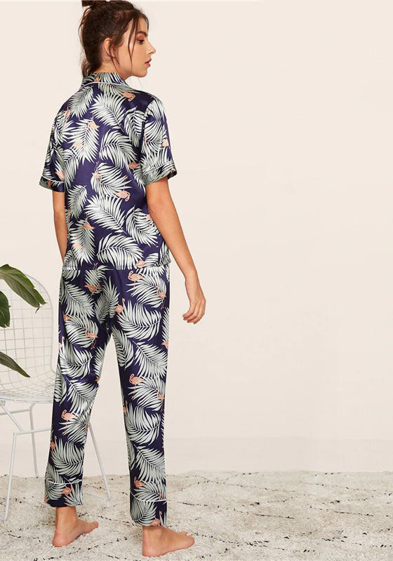 Print Satin Short Sleeve Sleepwear Set