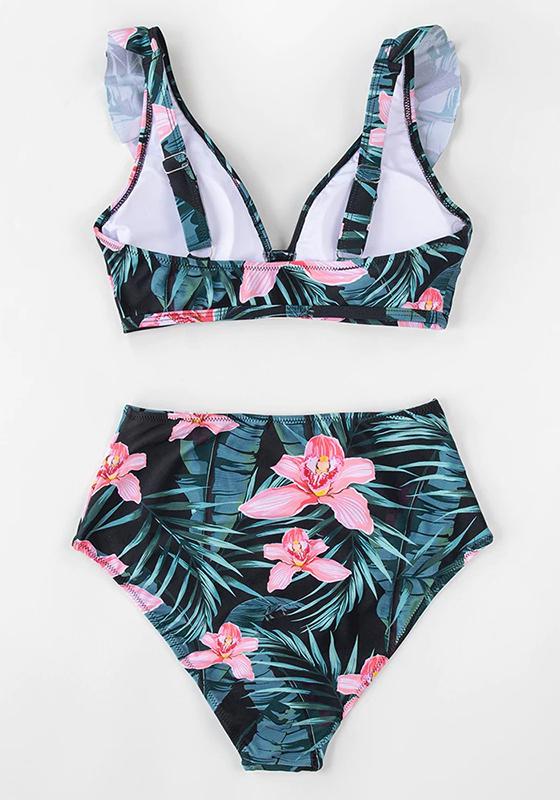 Green Floral Ruffled High-waist Bikini Set