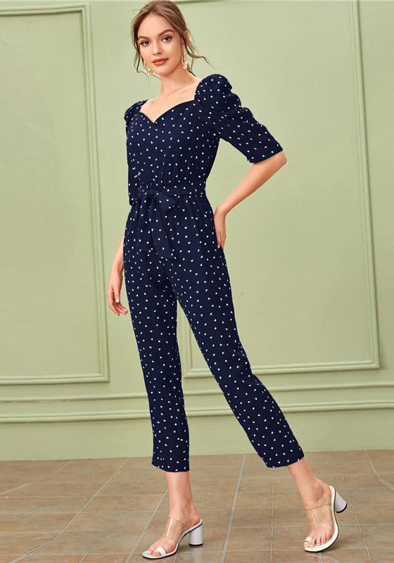 Sweetheart Neck Puff Sleeve Elegant Jumpsuit With Belt