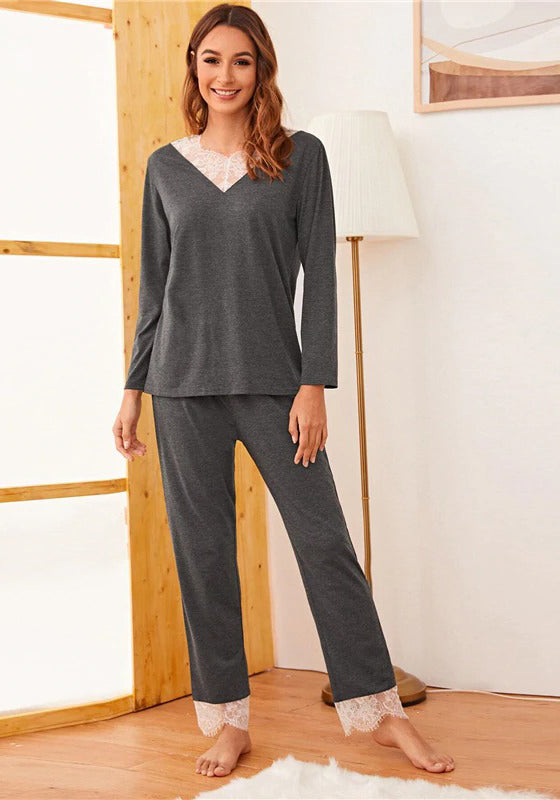 Grey Contrast Lace Long Pajama Set