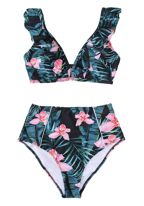 Green Floral Ruffled High-waist Bikini Set