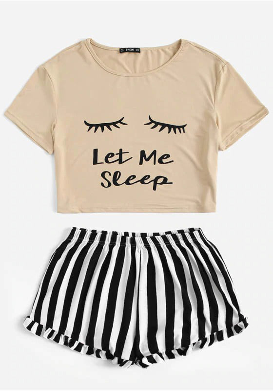 Graphic Tee Frilled Striped Shorts PJ Set