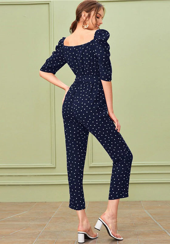 Sweetheart Neck Puff Sleeve Elegant Jumpsuit With Belt