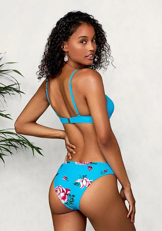 Black Floral Push Up Mid-Waist Bikini Set