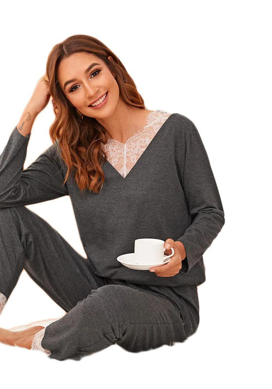 Grey Contrast Lace Long Pajama Set