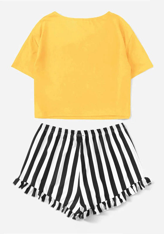 Graphic Tee Frilled Striped Shorts PJ Set