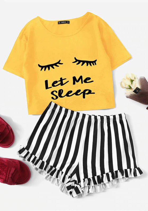 Graphic Tee Frilled Striped Shorts PJ Set