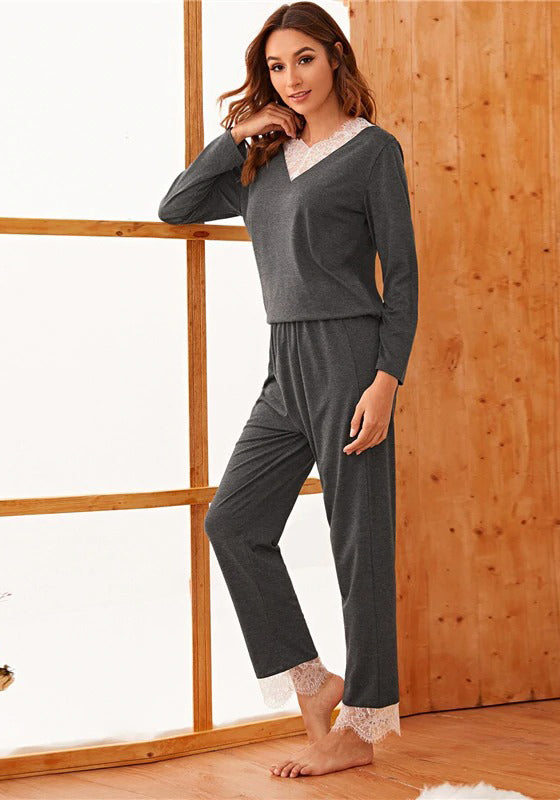 Grey Contrast Lace Long Pajama Set