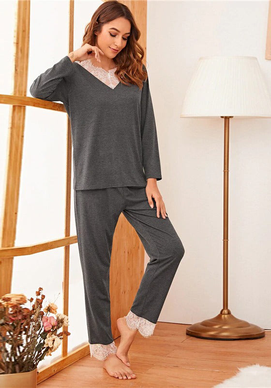 Grey Contrast Lace Long Pajama Set