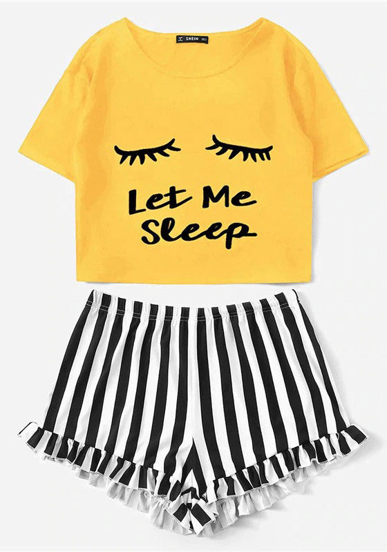 Graphic Tee Frilled Striped Shorts PJ Set