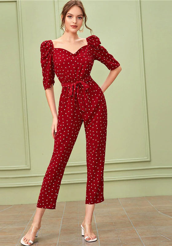 Sweetheart Neck Puff Sleeve Elegant Jumpsuit With Belt