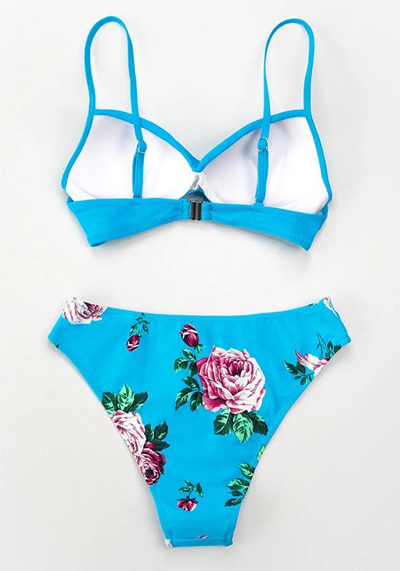 Black Floral Push Up Mid-Waist Bikini Set