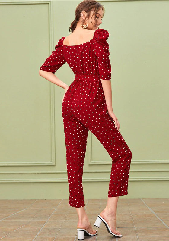 Sweetheart Neck Puff Sleeve Elegant Jumpsuit With Belt