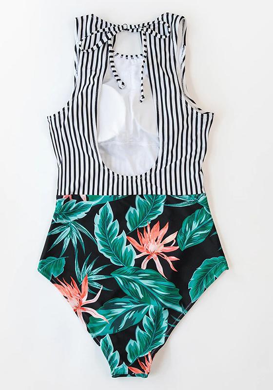 Black Striped And Green Leaf One-piece