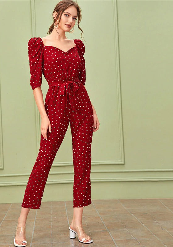 Sweetheart Neck Puff Sleeve Elegant Jumpsuit With Belt