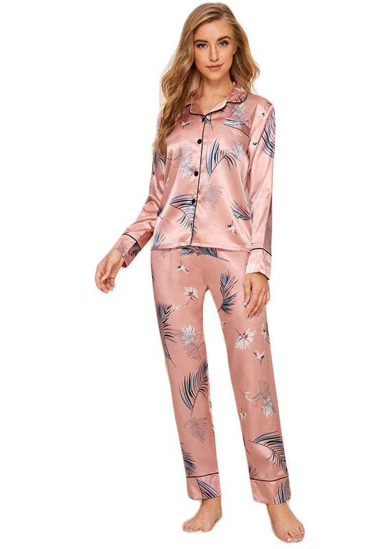 Pink Crane and Leaf Print Satin Pajama Set